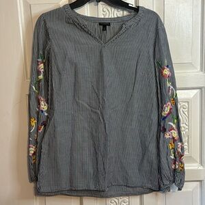 Talbots Floral Embroidered Balloon Sleeve Stripped Long Sleeve V Small